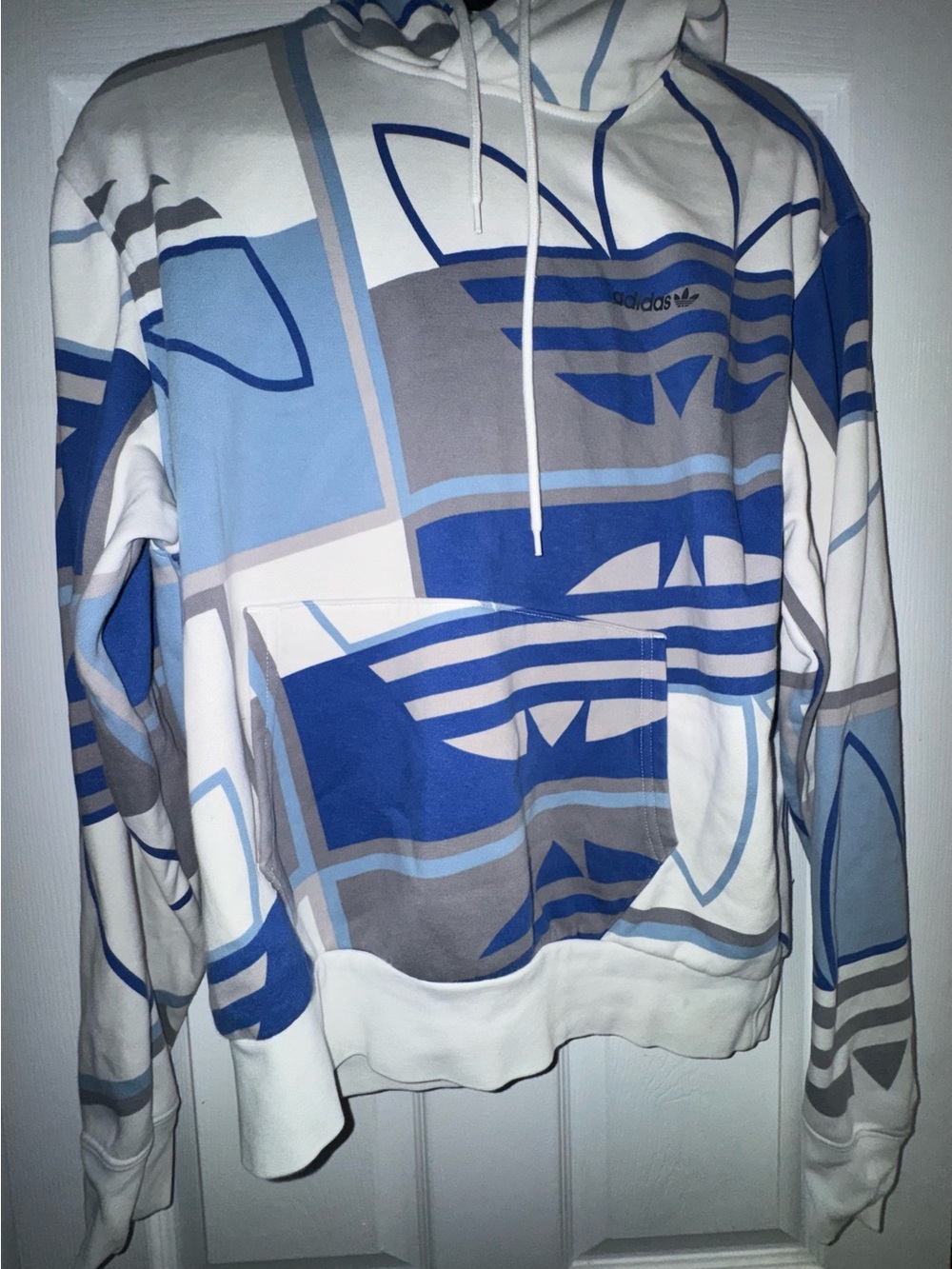 adidas Blue, Light Blue, Gray & White Graphic Pullover Hoodie
